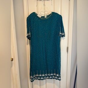 Laurence Kazar Teal Beaded Midi Dress-Vintage